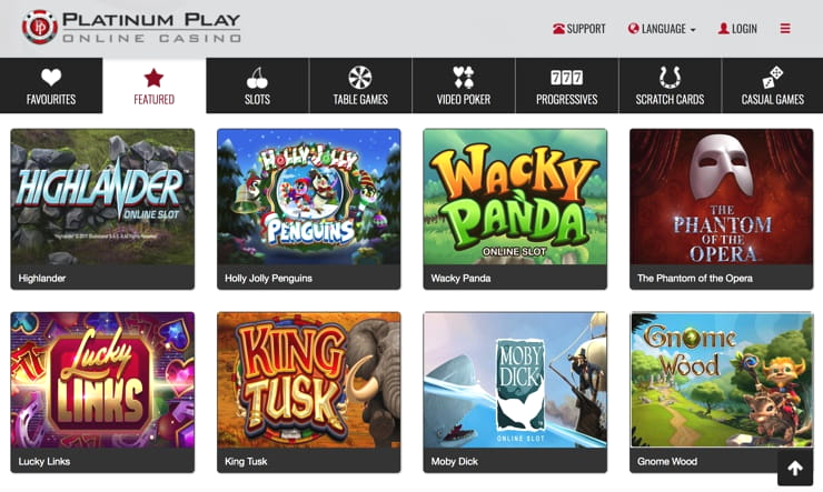 Auszug der Slot-Spiele bei Platinum Play Casino wie Mega Moolah